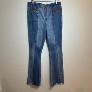 Hummingbird Womens Medium Patchwork Flare Jeans High Rise Boho Raw Hem‎ Two Tone